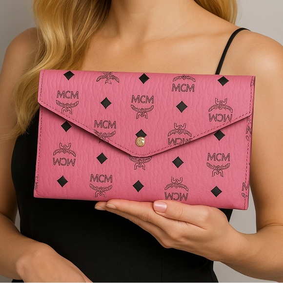 MCM Handbags - MCM Luxury Pink Monogram Envelope Pouch Gift – Slim Travel Clutch
